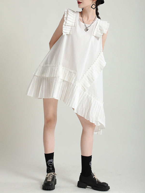 xakxx Flying Sleeves Loose Asymmetric Pleated Solid Color Split-Joint Round-Neck Midi Dresses