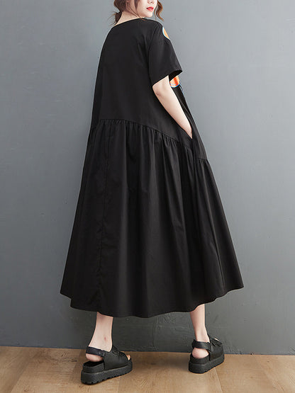 xakxx Loose Floral Printed Pleated Split-Joint Midi Dress