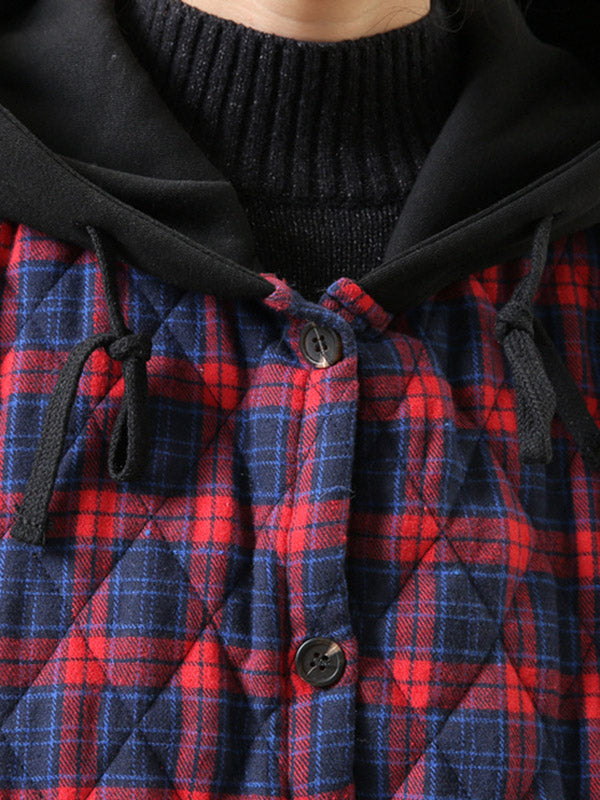 xakxx Vintage Loose Plaid Quilted Hooded Padded Coat