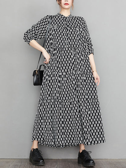 xakxx Casual Long Sleeves Loose Buttoned Contrast Color Printed Split-Joint Stand Collar Midi Dresses