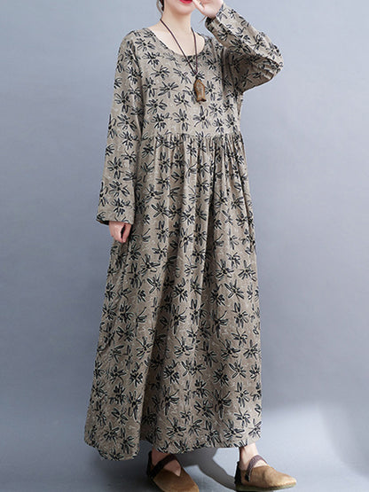 xakxx Artistic Retro Long Sleeves Loose Floral Printed Round-Neck Midi Dresses