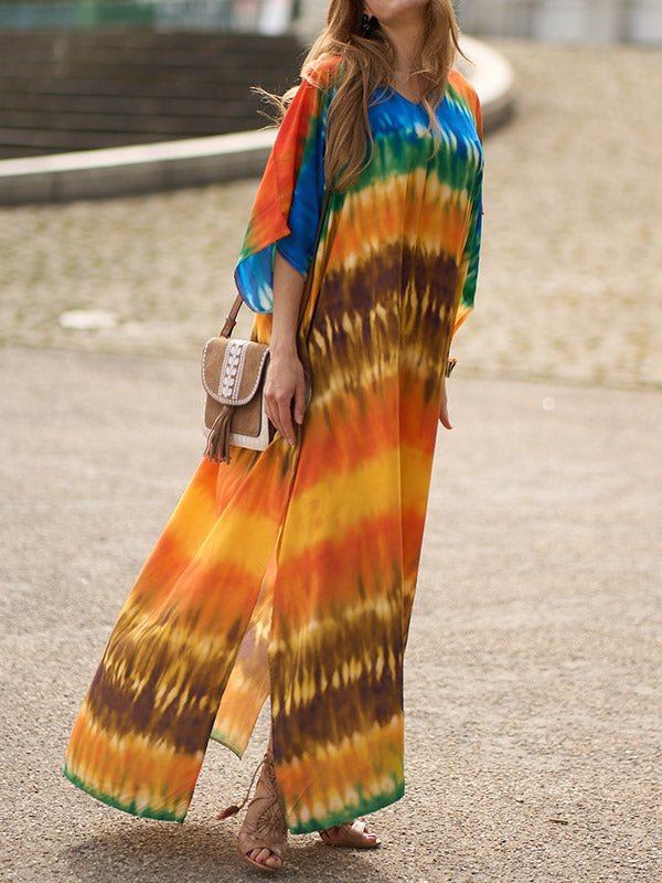 xakxx Batwing Sleeves Loose Split-Side Tie-Dyed V-Neck Beach Cover-Up Maxi Dresses