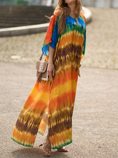 xakxx Batwing Sleeves Loose Split-Side Tie-Dyed V-Neck Beach Cover-Up Maxi Dresses