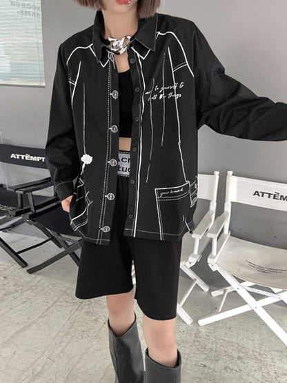 xakxx Casual Contrast Color Printed Drawstring Blouse Top