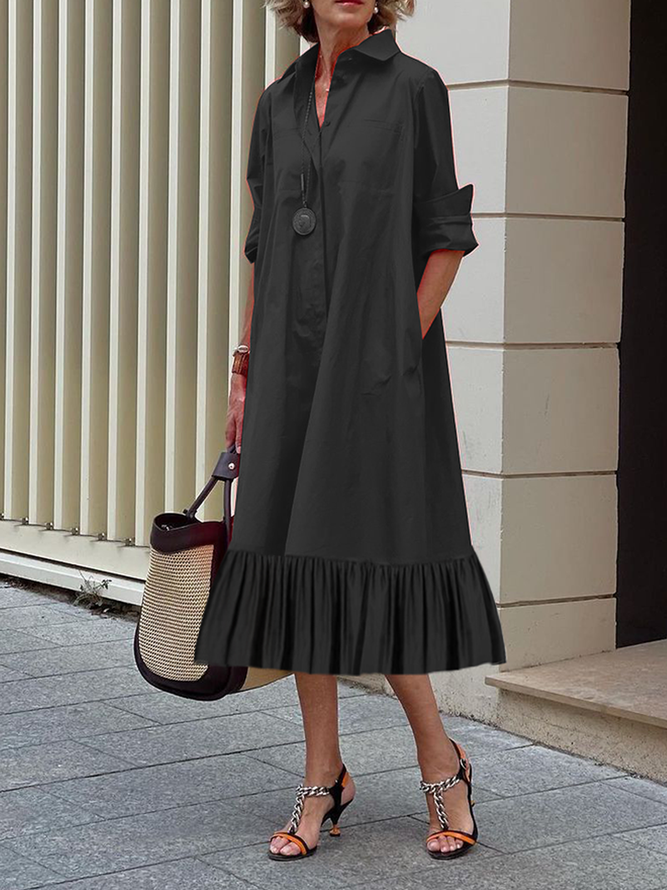 xakxx A-Line Long Sleeves Pleated Solid Color Lapel Collar Midi Dresses