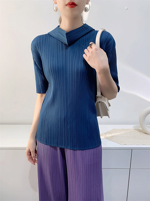 xakxx Half Sleeves Hooded Pleated Solid Color Mock Neck T-Shirts Tops
