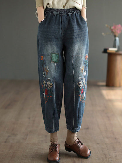 xakxx Vintage Loose Embroidered Elasticity Harem Jean Pants Bottoms