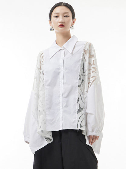 xakxx Urban See-Through Lace Split-Joint Lapel Blouse