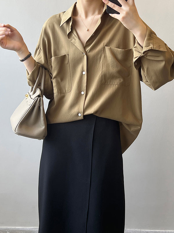 xakxx Vintage Long Sleeves Loose Solid Color Lapel Collar Blouses