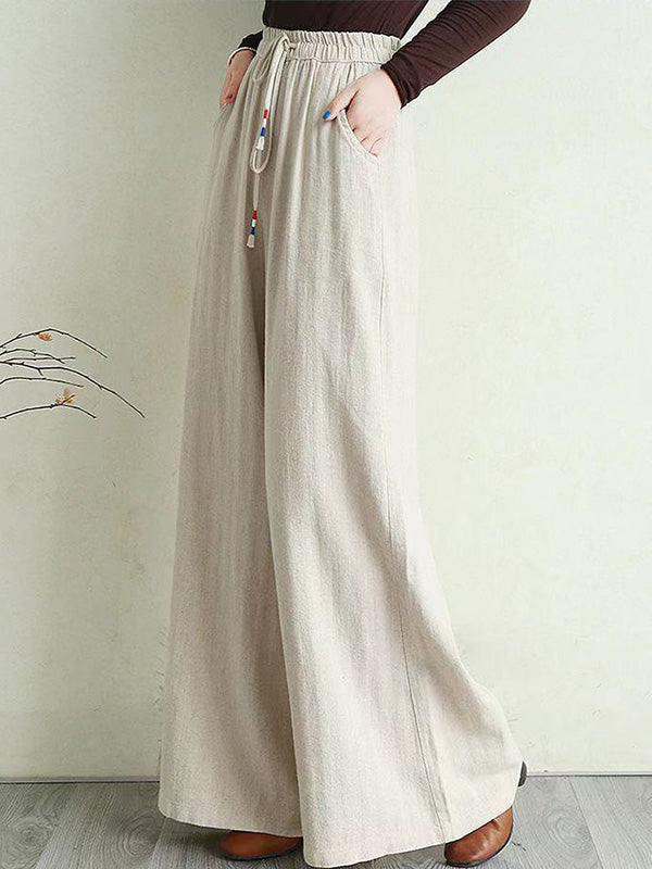xakxx Artistic Ramie Cotton Drawstring Elasticity Loose Wide-Leg Pants
