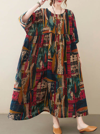 xakxx Vintage Loose Abstract Printed Pleated Round-Neck Half Sleeves Midi Dress