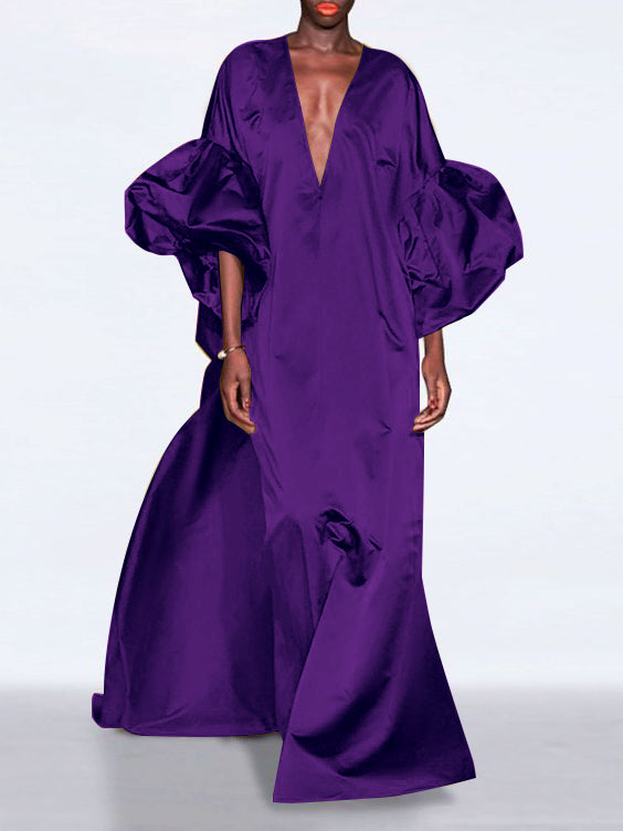 xakxx Loose Puff Sleeves Solid Color V-Neck Maxi Dresses