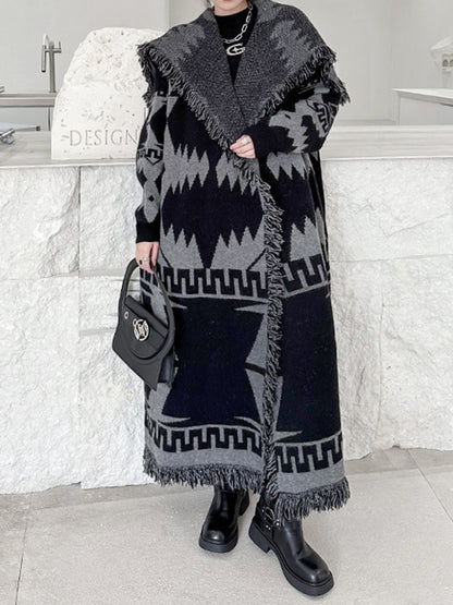 xakxx Long Sleeves Loose Contrast Color Tasseled Lapel Cardigan Coats