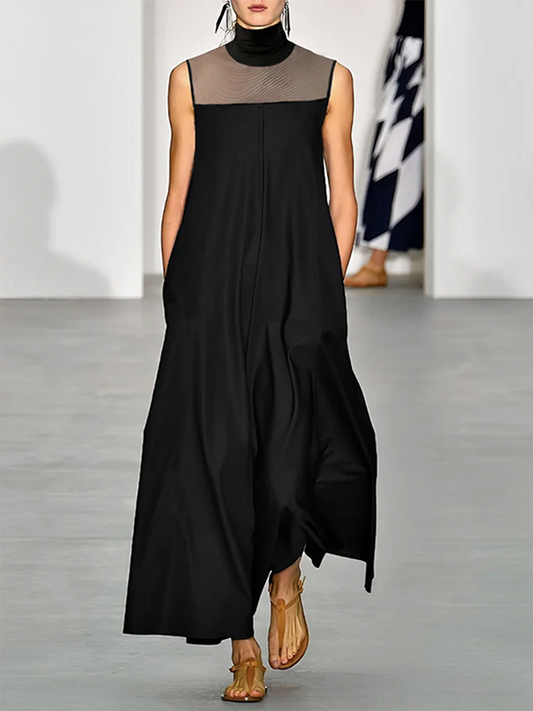 xakxx Loose Sleeveless See-Through Solid Color Split-Joint High-Neck Maxi Dresses
