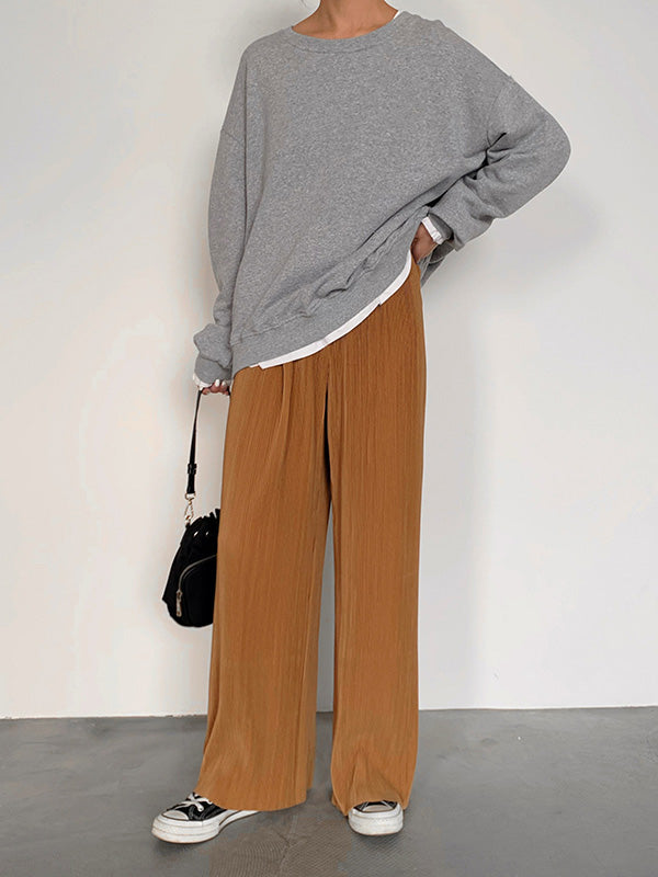 xakxx Casual Solid Color Pleats Capri-Pants Bottoms