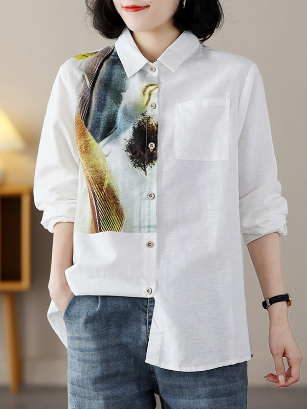 xakxx Long Sleeves Loose Contrast Color Feathers Printed Lapel Blouses