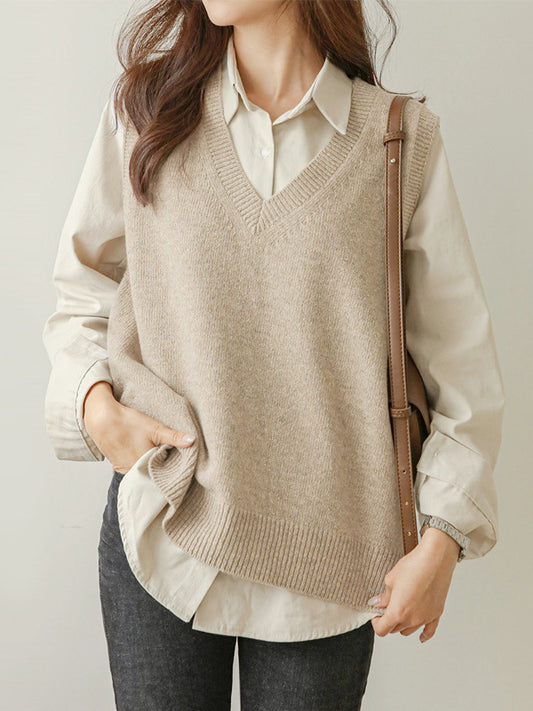xakxx Casual Loose Sleeveless Solid Color V-Neck Sweater Vest Outerwear