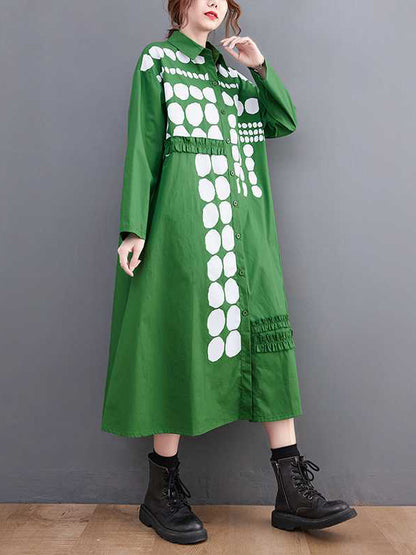 xakxx A-Line Long Sleeves Asymmetric Buttoned Polka-Dot Lapel Midi Dresses