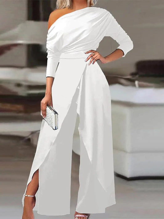xakxx Solid Color One-Shoulder Long Sleeves T-Shirt + High-Waisted Wide Leg Pants Trousers Two Pieces Set
