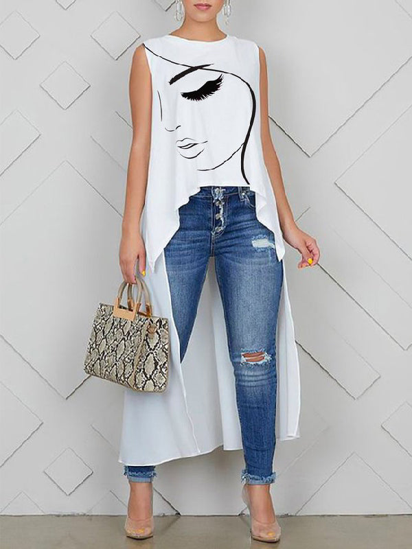 xakxx High-Low Sleeveless Figure Printed Round-Neck Vest Top