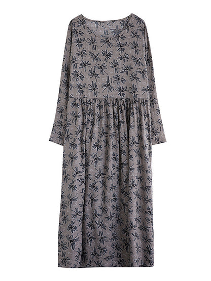 xakxx Artistic Retro Long Sleeves Loose Floral Printed Round-Neck Midi Dresses