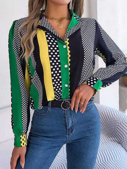 xakxx Long Sleeves Buttoned Contrast Color Polka-Dot Notched Collar Blouses&Shirts Tops