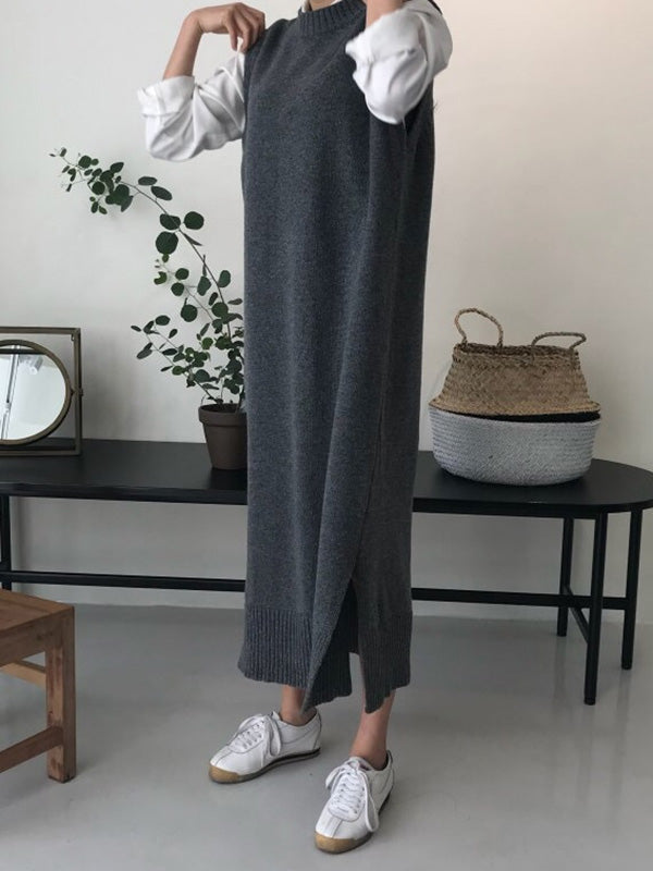 xakxx Urban Loose Sleeveless Solid Color Round-Neck Midi Dresses Sweater Dresses
