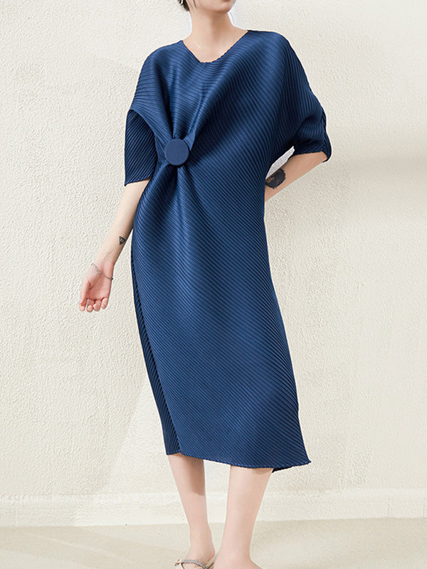 xakxx Stylish Irregularity Loose Pleated Solid Color Round-Neck Midi Dresses