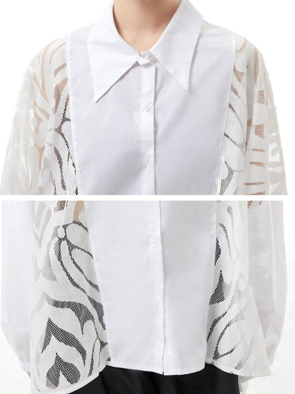 xakxx Urban See-Through Lace Split-Joint Lapel Blouse
