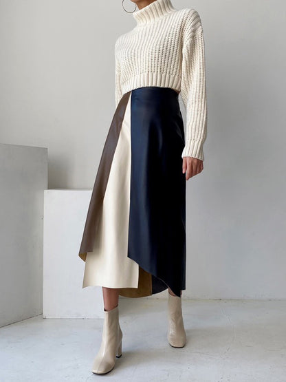 xakxx A-Line High Waisted Asymmetric Contrast Color Split-Front Skirts Bottoms