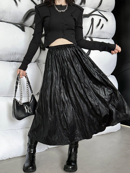 xakxx A-Line High Waisted Elasticity Pleated Solid Color Skirts Bottoms