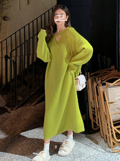xakxx Urban Loose Long Sleeves Solid Color V-Neck Sweater Dresses