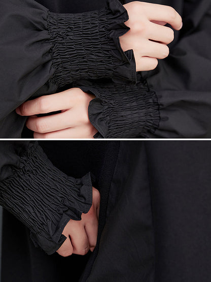 xakxx Loose Puff Sleeves Pleated Solid Color Split-Joint Round-neck Midi Dresses