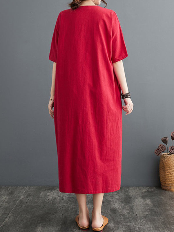 xakxx A-Line Loose Chinese Frog Buttons Pockets Solid Color Split-Side V-Neck Midi Dresses