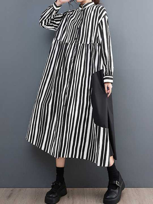 xakxx Long Sleeves Loose Buttoned Split-Joint Striped Mock Neck Midi Dresses