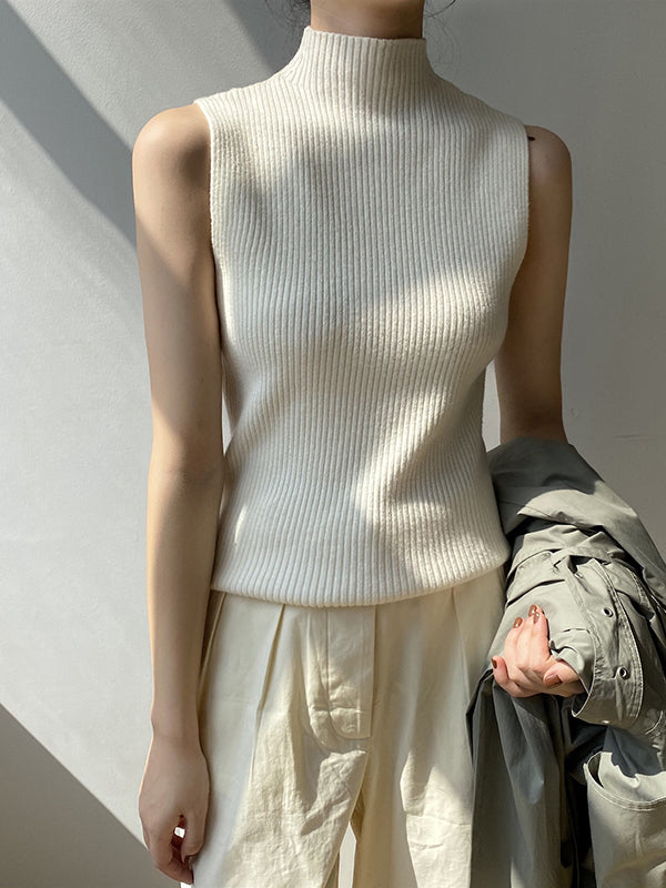 xakxx Skinny Sleeveless Solid Color High-Neck Knitwear Vest Top