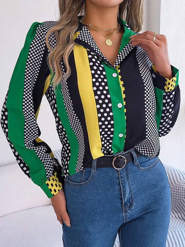 xakxx Long Sleeves Buttoned Contrast Color Polka-Dot Notched Collar Blouses&Shirts Tops