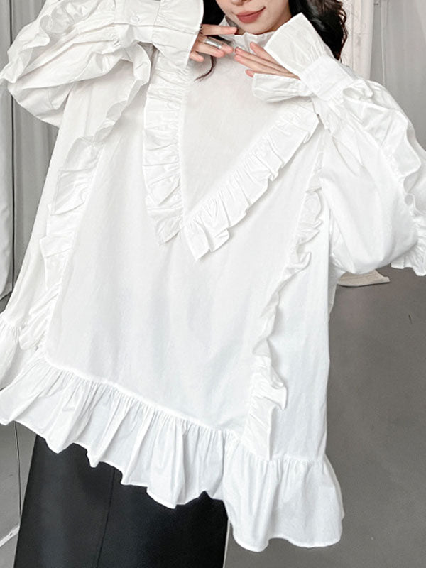 xakxx Long Sleeves Loose Buttoned Ruffled Solid Color Stand Collar Blouses&Shirts Tops