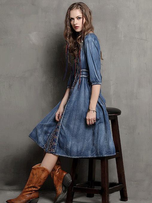xakxx Vintage Oversize Embroidery Denim Dress