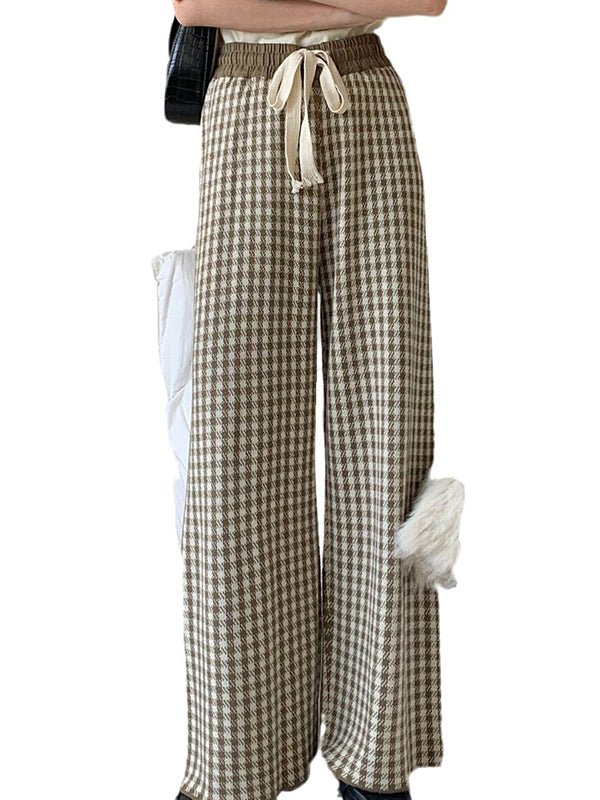 xakxx High Waisted Loose Drawstring Elasticity Plaid Pants Trousers