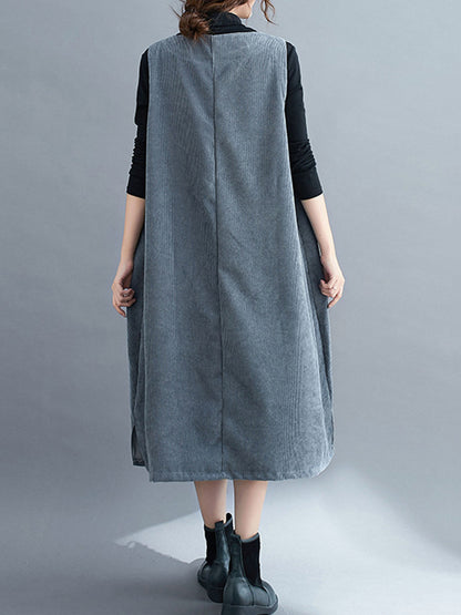 xakxx Corduroy Sleeveless Split-Joint Round-Neck Midi Dress