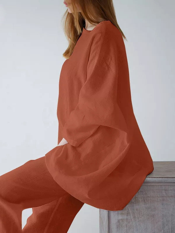 xakxx Casual Loose Long Sleeves Solid Color T-Shirt Top&Pants Two Pieces Set