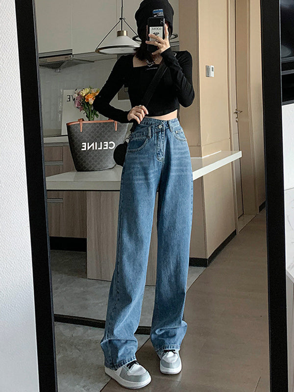 xakxx Casual High Waisted Denim Wide Leg Jean Pants