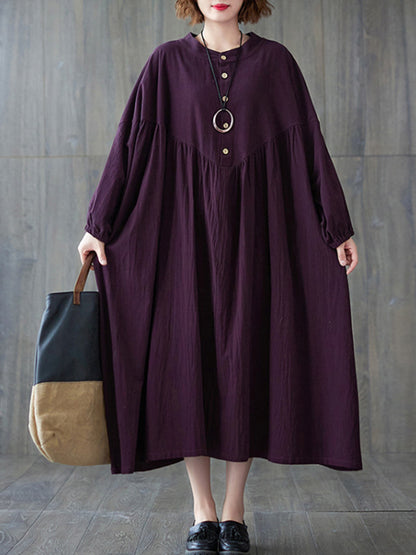 xakxx Loose Puff Sleeves Pleated Solid Color Stand Collar Midi Dresses