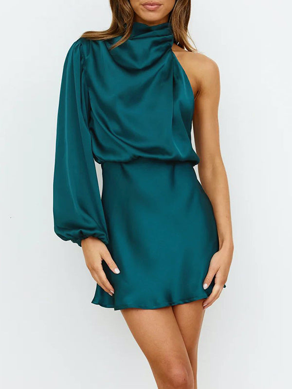 xakxx High Waisted Long Sleeves Asymmetric Elasticity Solid Color High Neck Mini Dresses