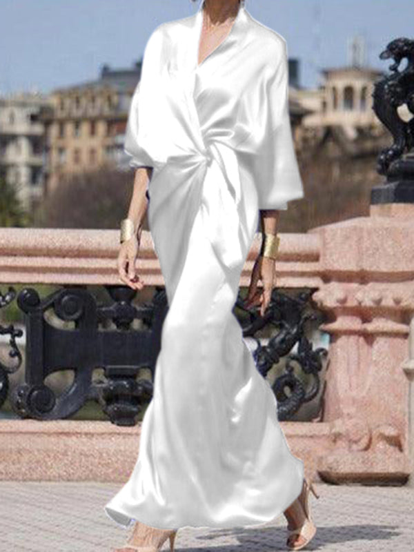xakxx Half Sleeves Loose Solid Color V-Neck Maxi Dresses