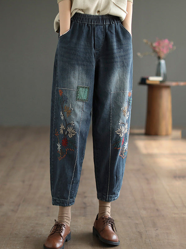 xakxx Vintage Loose Embroidered Elasticity Harem Jean Pants Bottoms
