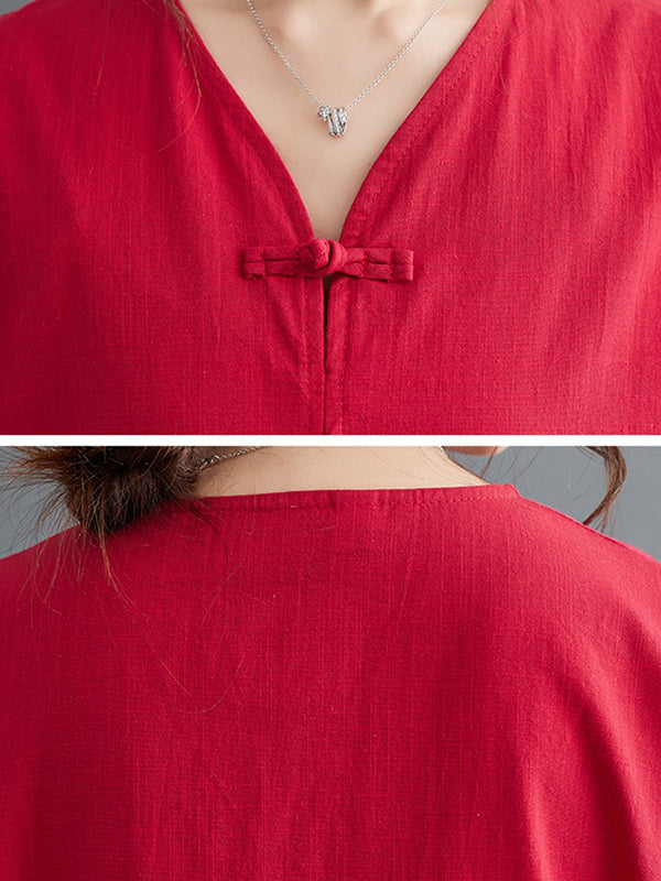 xakxx A-Line Loose Chinese Frog Buttons Pockets Solid Color Split-Side V-Neck Midi Dresses