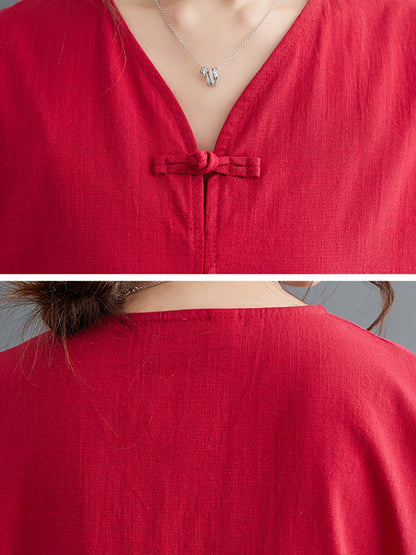xakxx A-Line Loose Chinese Frog Buttons Pockets Solid Color Split-Side V-Neck Midi Dresses