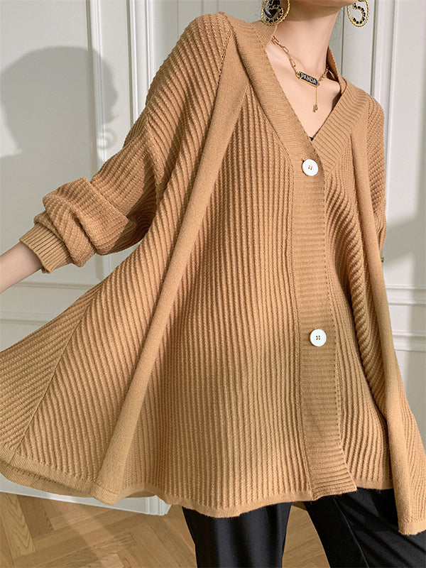xakxx Stylish A-Line Long Sleeves Loose Solid Color V-Neck Cardigan Tops